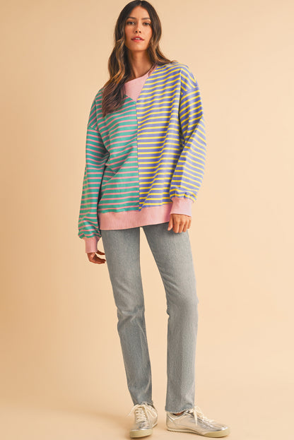 Brown Stripe Colorblock Drop Shoulder Oversize Sweatshirt