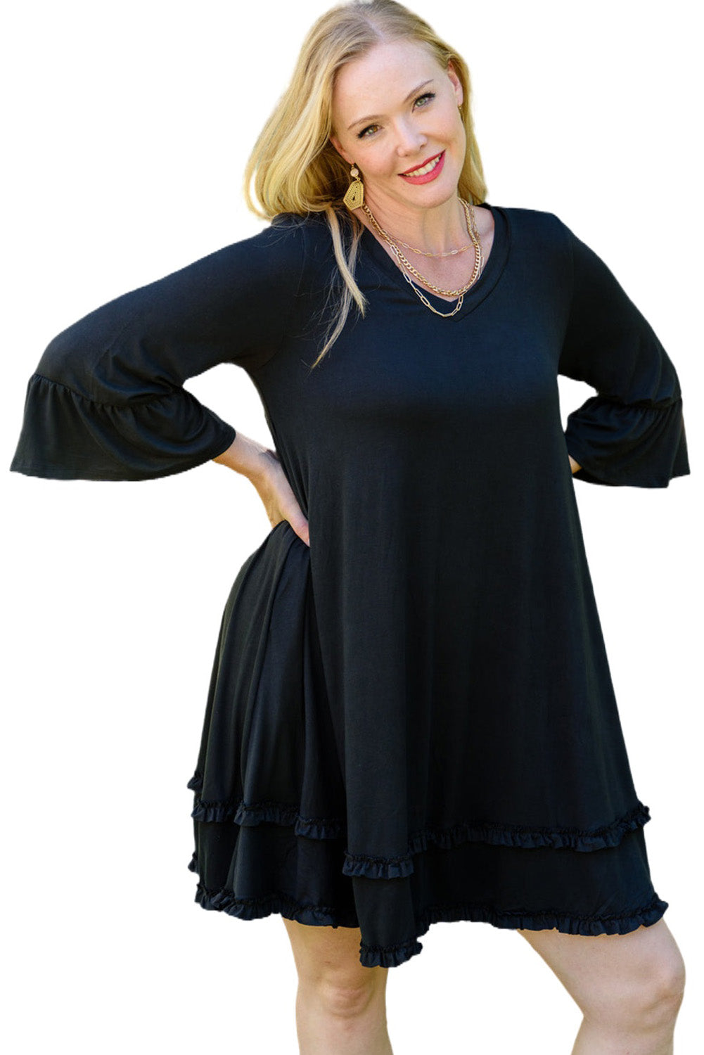 Black Plus Size Ruffled Trim 3/4 Sleeve Dress - Eloy Royal