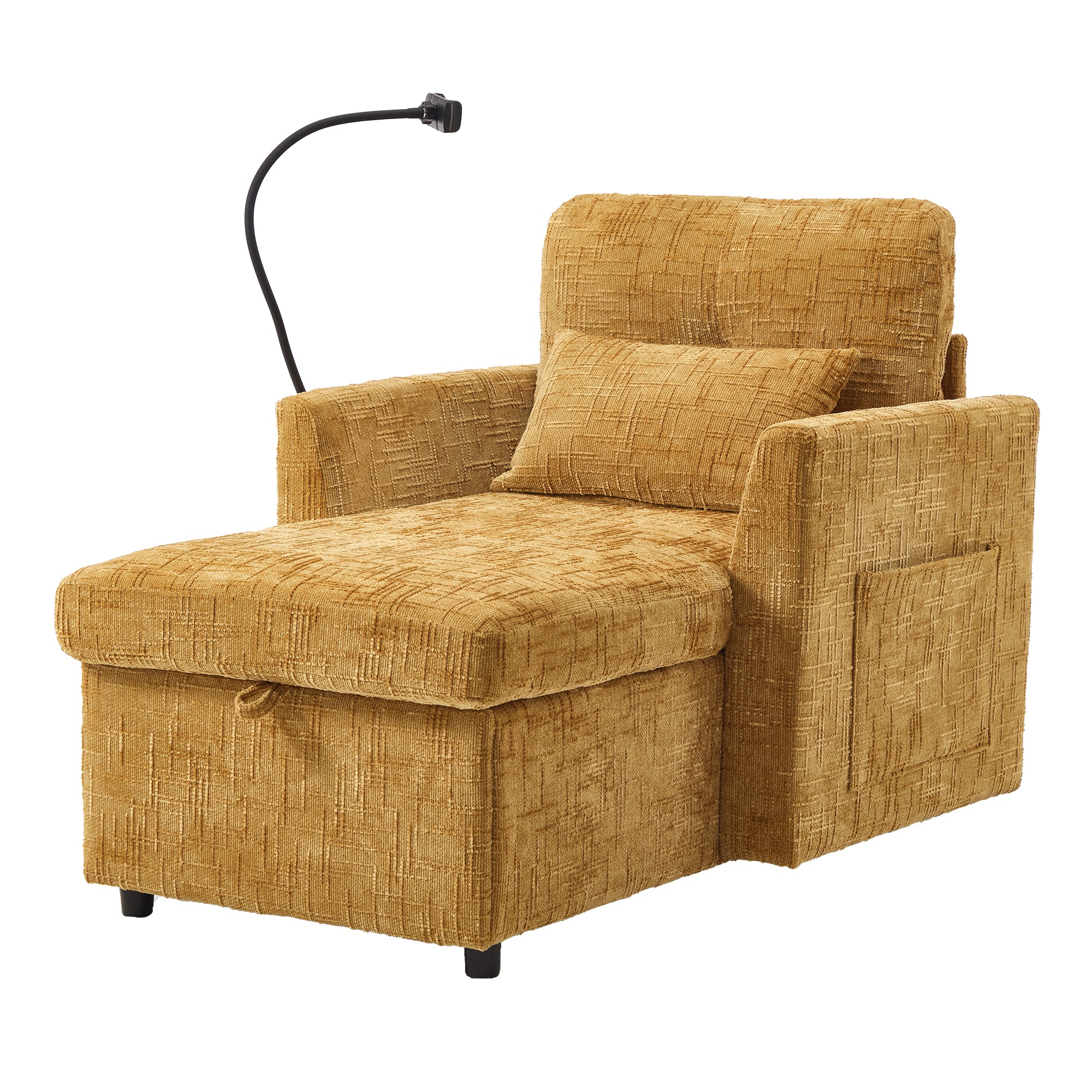 Multifunctional Lazy Sofa Recliner with Storage and Phone Bracket in Mustard Yellow Chenille for Living Room