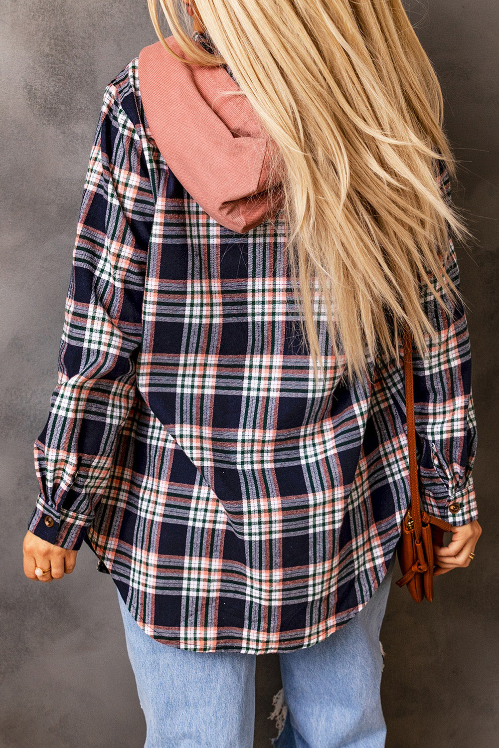 Wholesale Pink Plaid Contrast Hooded Drawstring Shacket - Eloy Royal