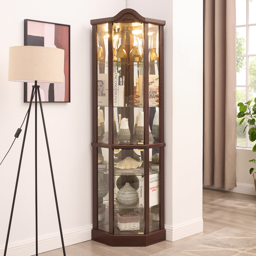 Glass Cabinet Lighted Corner Cabinet Corner Display Curio Cabinet, Glass Display With Light Bar Cabinet, Wine Cabinet with Adjustable Glass Shelves Carved Decoration DAARK CHERRY, Light(Included)