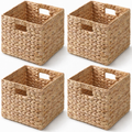 SOLHOME Water Hyacinth Folding Storage Baskets, Set of 4, Natural, 11.0' x 11.0' x 9.8', Handwoven Cube Baskets with Cutout Handles - Closet Organizer, Toy Bin, Nursery Basket