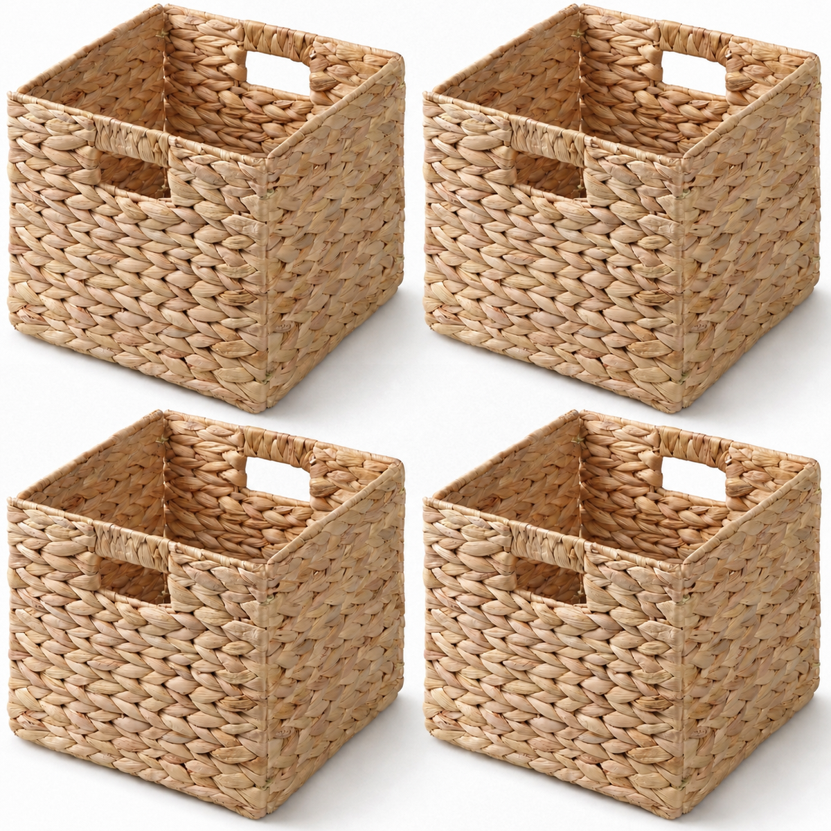SOLHOME Water Hyacinth Folding Storage Baskets, Set of 4, Natural, 11.0' x 11.0' x 9.8', Handwoven Cube Baskets with Cutout Handles - Closet Organizer, Toy Bin, Nursery Basket