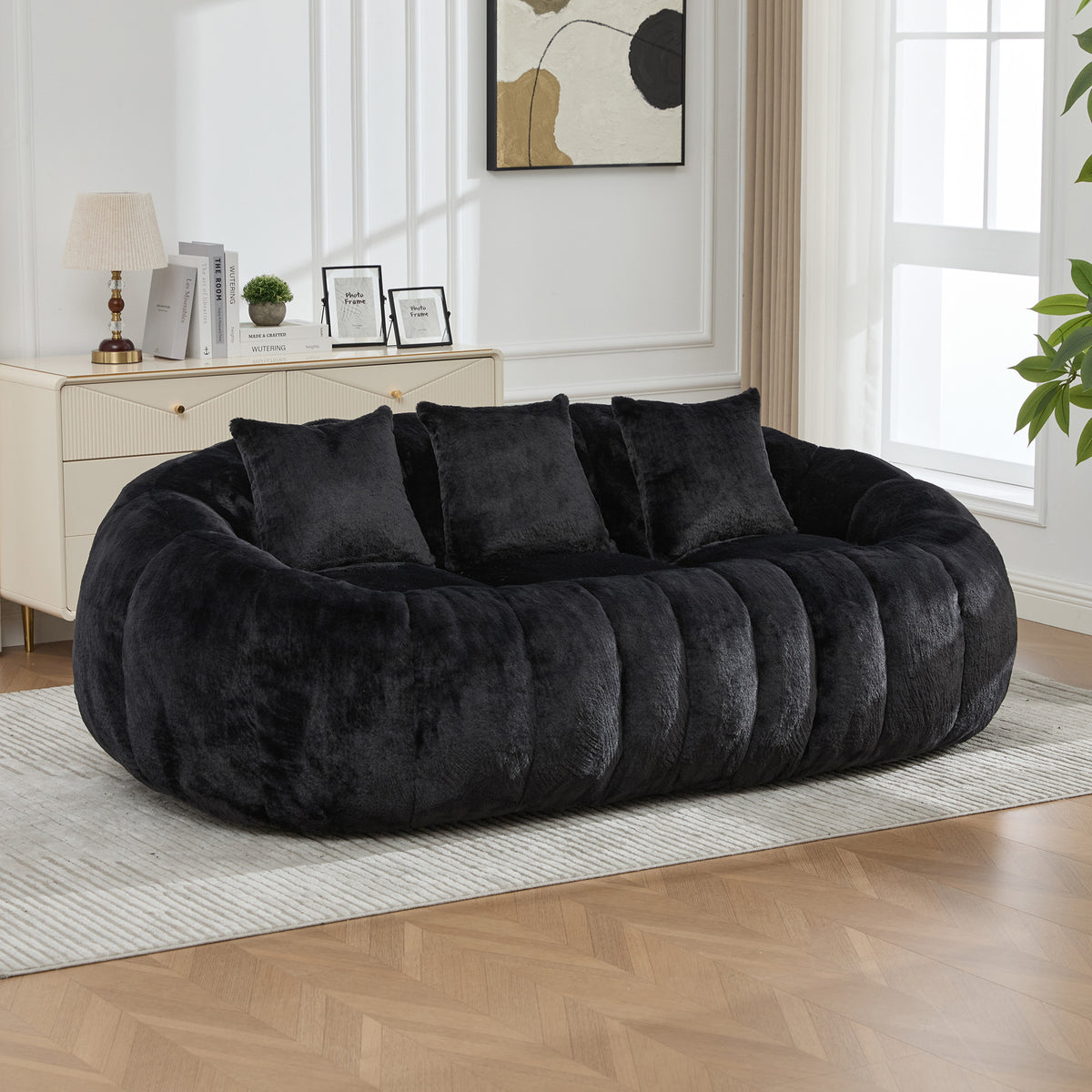 74.8' W Floral Shaped Boneless Loveseat Sofa, Ultra Soft Faux Fur Cloud Couch No Assembly Required, Oversized Deep Seat Compressed Foam Sofa for Living Room, Bedroom, Apartment, Lounge Area.Black