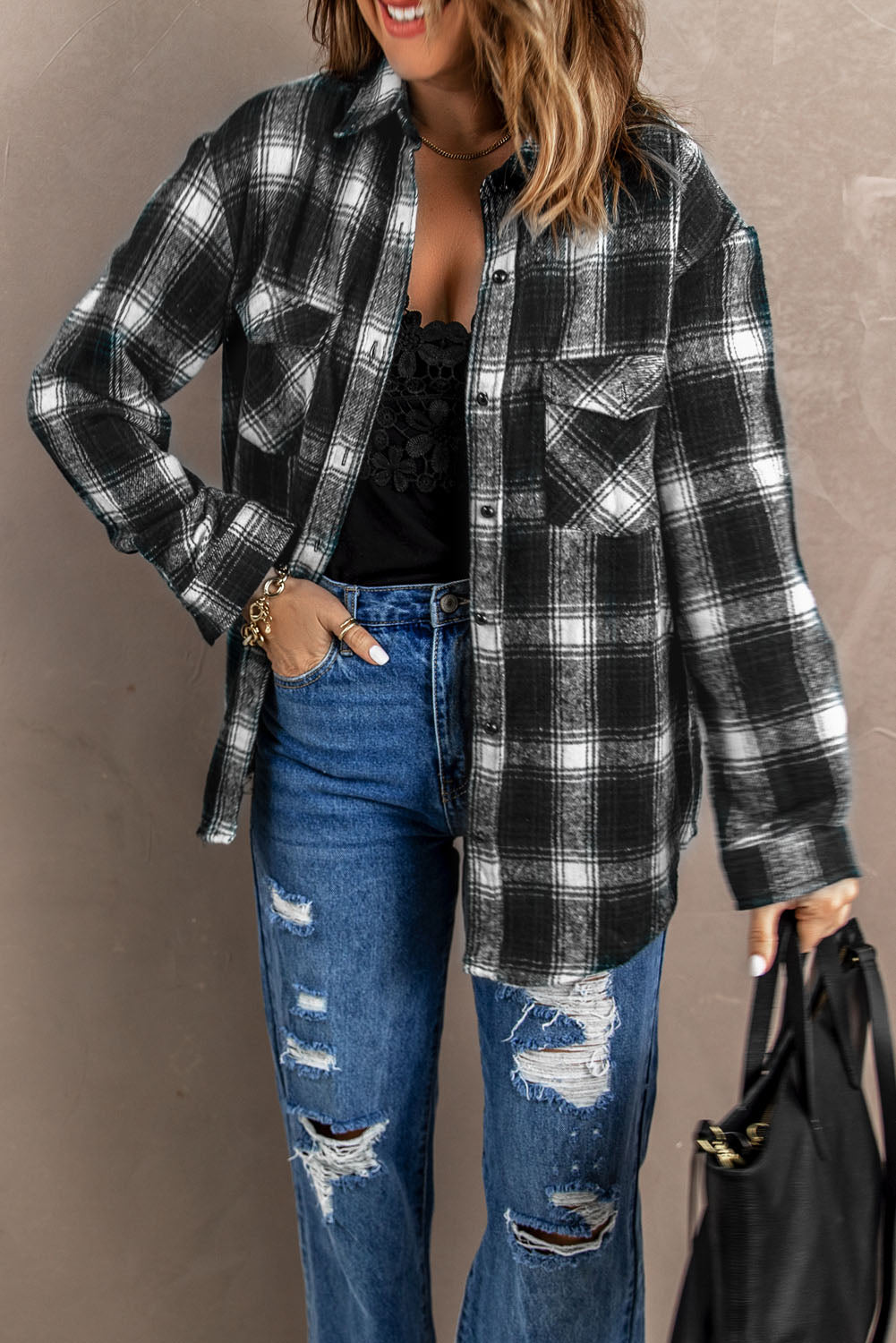 Wholesale Black Button Up Collared Plaid Shacket - Eloy Royal