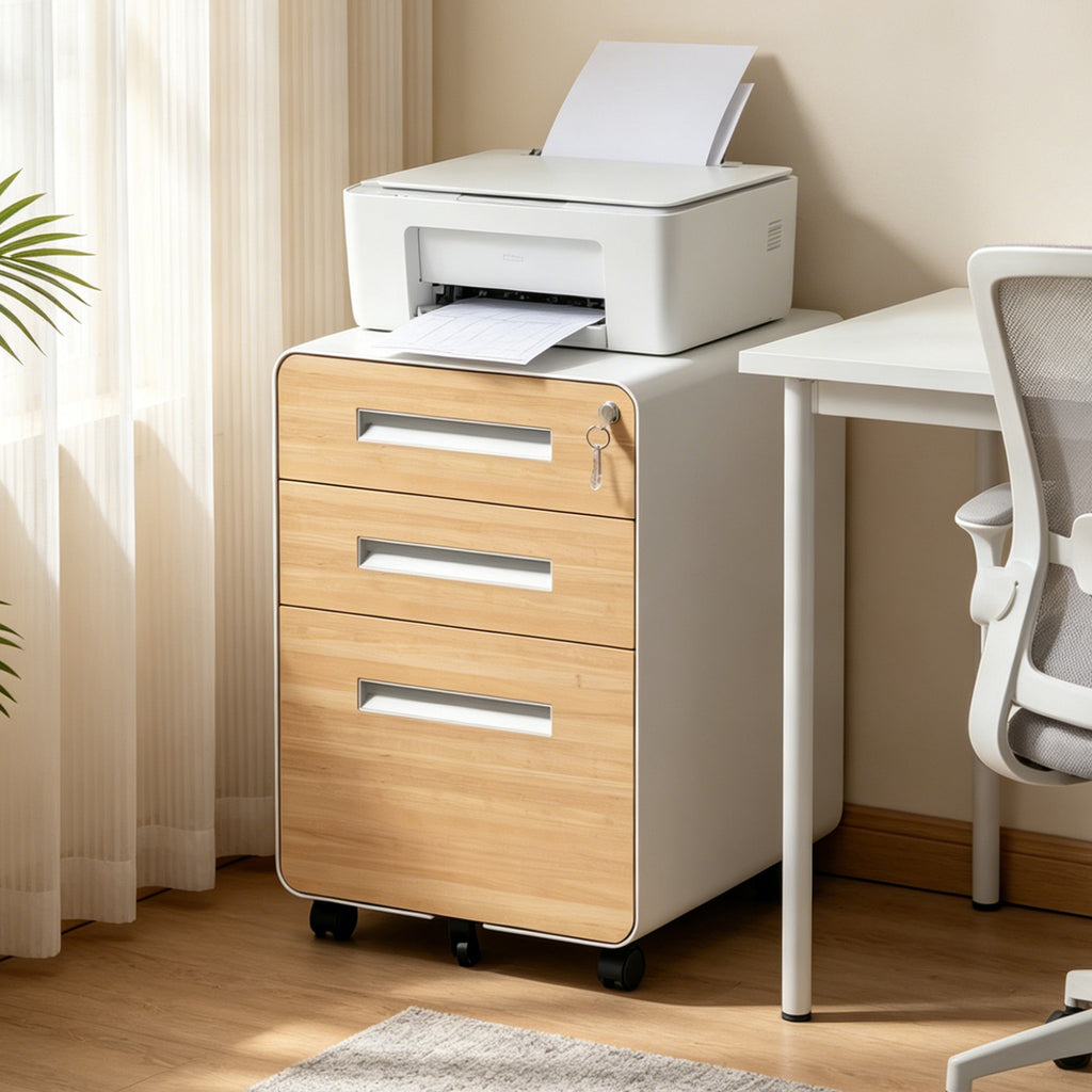 3Drawer Metal Mobile File Cabinet with Lock, All-Steel Metal Storage Cabinet on 360° Wheels, Fully Assembled, Holds A4/Letter/Legal Files, Wood Grain Color Steel Office Storage Cabinet for Home Office