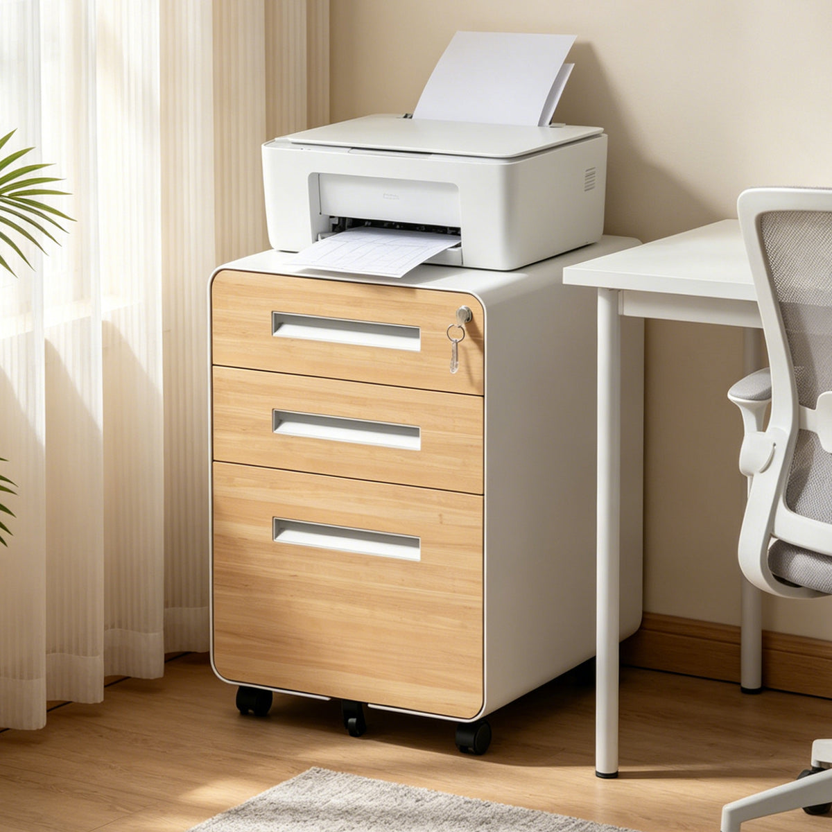 3Drawer Metal Mobile File Cabinet with Lock, All-Steel Metal Storage Cabinet on 360° Wheels, Fully Assembled, Holds A4/Letter/Legal Files, Wood Grain Color Steel Office Storage Cabinet for Home Office