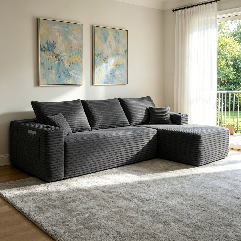 108' Cloud Sectional Sofa with L-Shape Chaise and Side Pockets , Modern Modular Design, Deep Seating, Upholstered Couch for Living Room/Bedroom, No Assembly Required (Plush Fabric), Grey, Right