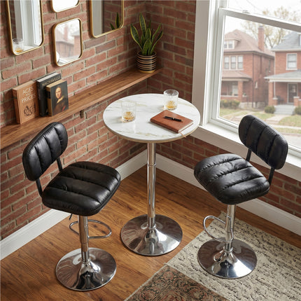Adjustable Bar Height Set, Round White Marble Pub Table with Chrome Leg & 2 Black Padded PU Leather Bar Stools with Swivel Function, Bistro Set for Small Spaces