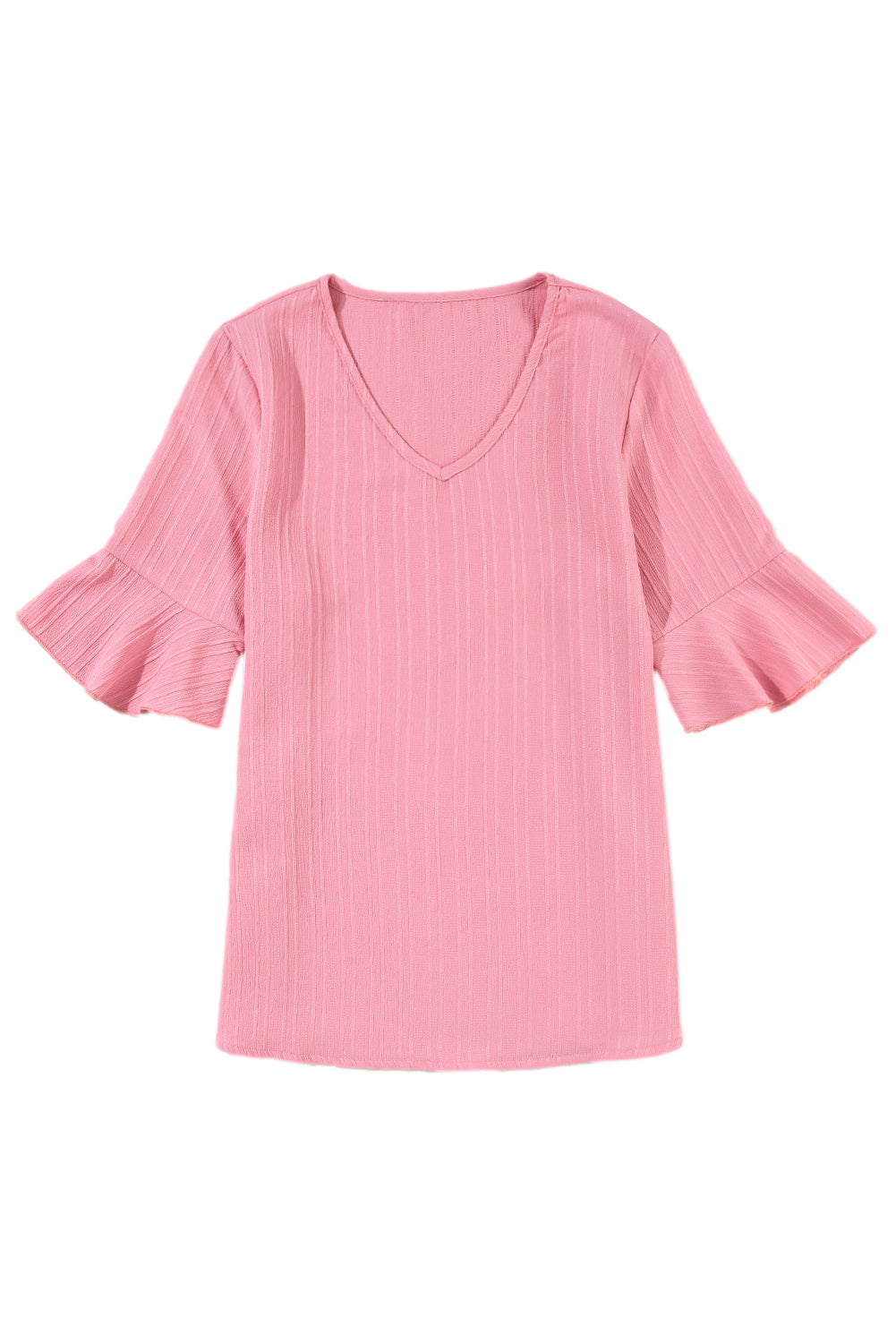 Peach Blossom Ruffled Short Sleeve V Neck Textured Shirt - Eloy Royal