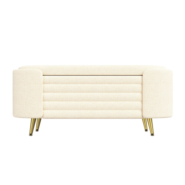 Modern Oval Storage Ottoman in Beige with Chenille Upholstery and Metal Legs, 44.9'L x 18.3'W x 18.5'H