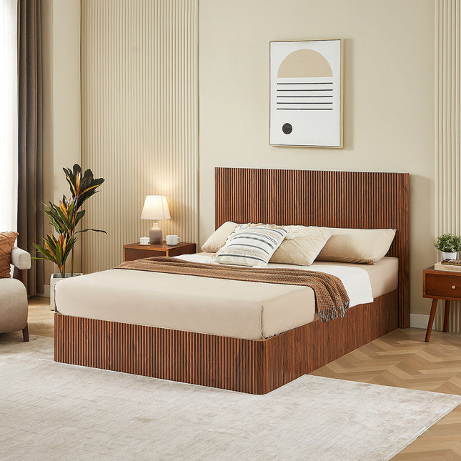 Queen Size Lift Up Storage Bed Frame, Wooden corrugated curved lines, Hydraulic Storage/No Box Spring Needed, Walnut. (Old SKU: W1820S00041
)