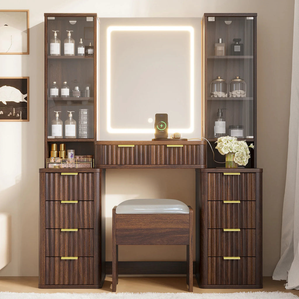 43.5' Fluted Makeup Vanity Desk with Mirror and Lights, Modern Glass Top Vanity Table with 10 Drawers & 2 Transparent Glass Cabinets, Dressing Table Set with Stool and Charging Station, Brown - Eloy Royal