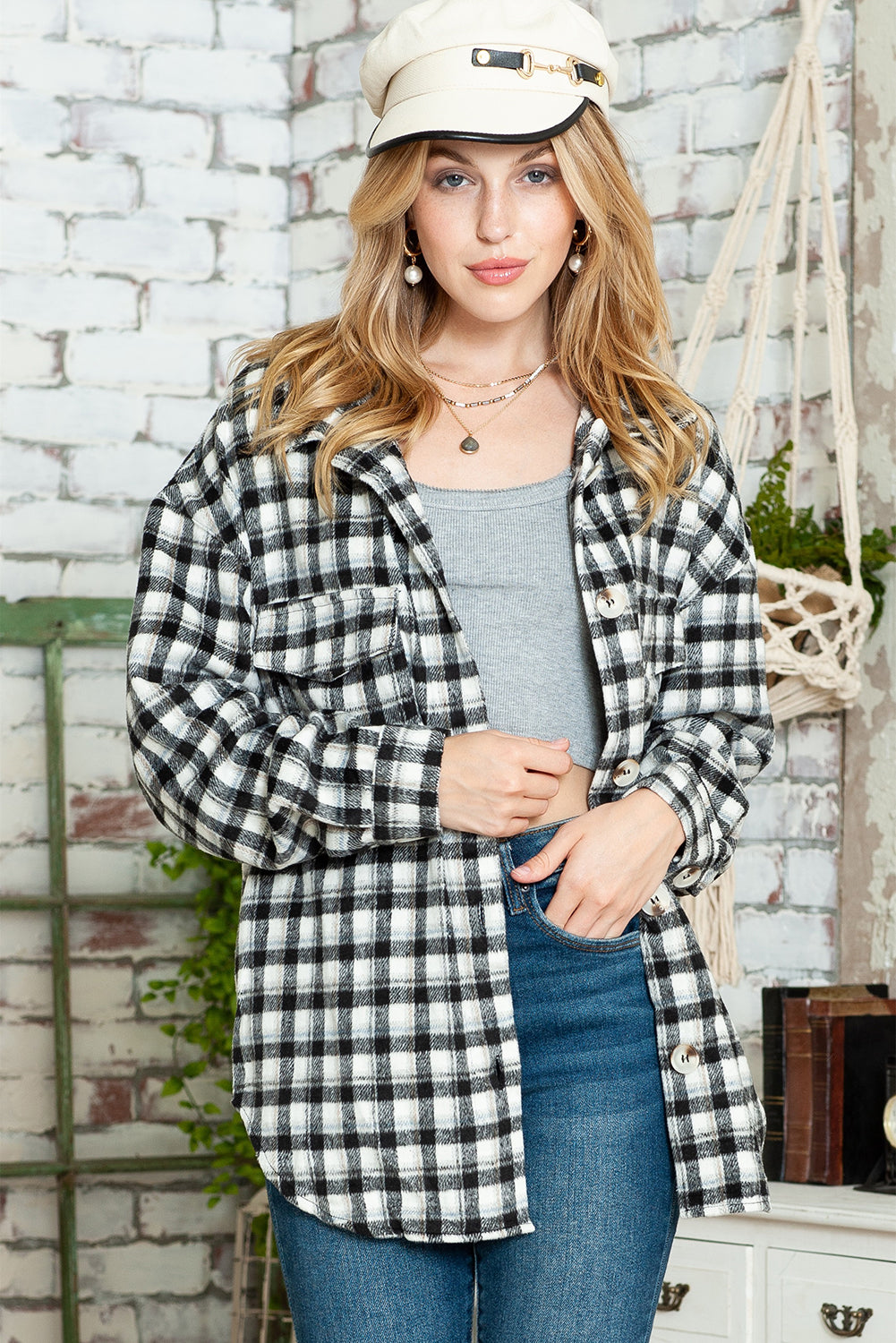 Wholesale Black Plaid Print Chest Pockets Buttoned Tunic Shacket - Eloy Royal