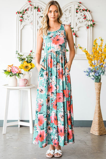 Green Floral Print Sleeveless Maxi Summer Tank Dress - Eloy Royal