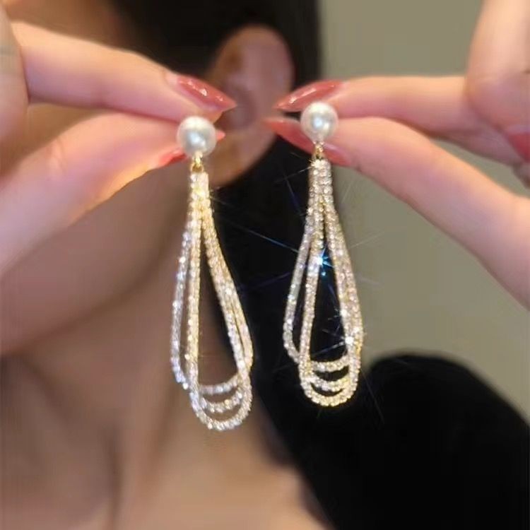 Drop-shaped Full Diamond Pearl Earrings Long Tassel Earrings