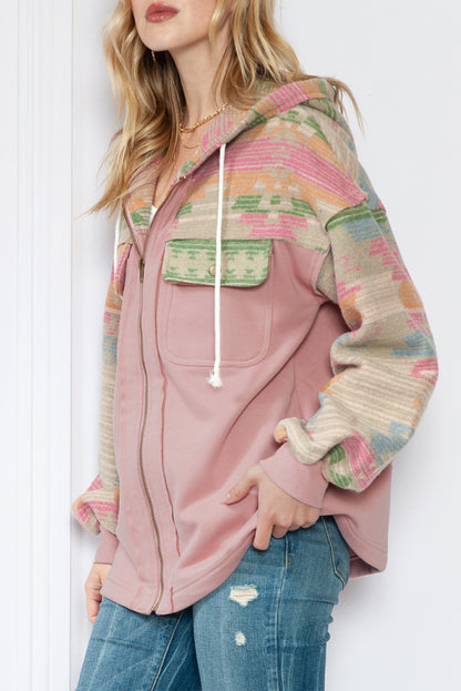 Light Pink Geometric Patchwork Hooded Zip Up Jacket - Eloy Royal