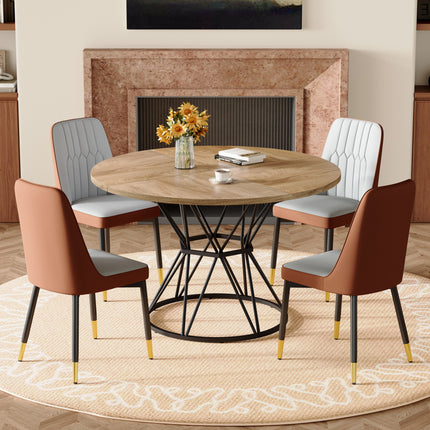 Table and chair set.A circular wood grain MDF dining table with a diameter of 47.3 inches, black hourglass shaped metal brackets.Paired with 4 Brown and Light Gray Spliced Color PU Dining Chairs.