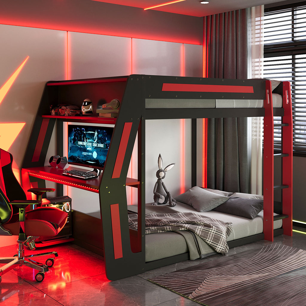 Full-Size Gaming Bunk Bed with Side-Mounted Oversized RGB Desk, USB Charging Ports & Cable Grommet, LED Light Strip, Heavy-Duty Esports Loft Frame – Cool Design-Red