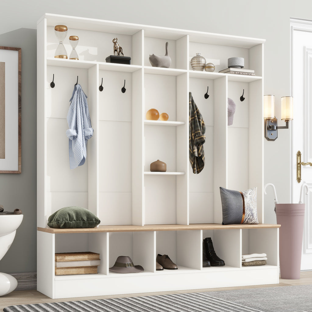 ON-TREND Wide Design Hall Tree with Storage Bench, Minimalist Shoe Cabinet with Cube Storage & Shelves, Multifunctional Coat Rack with 8 Hooks for Entryways, Mudroom, White (OLD SKU: N721S000021K)