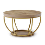 31' Round Industrial Coffee Table with 2-Tier Storage Shelves, Modern Wood & Golden Metal Accent Center Table for Living Room, Home Office – Easy Assembly - Eloy Royal