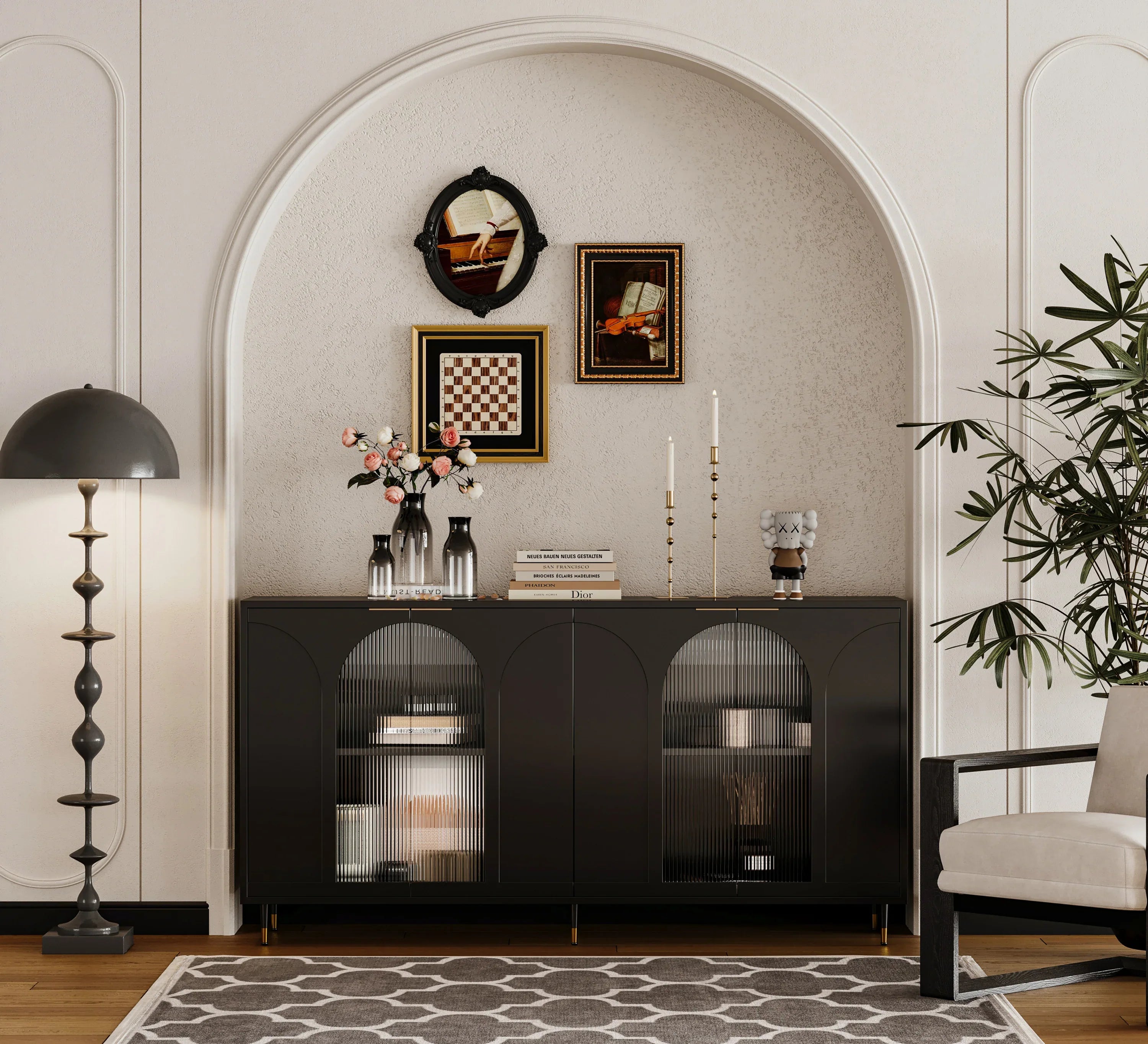 Accent Cabinet Black Lacquered Wooden Cabinet with 4 Glass Doors Sideboard Buffet Server Cabinet Storage Cabinet, for Living Room, Entryway, Hallway, Office, Kitchen and Dining Room - Eloy Royal