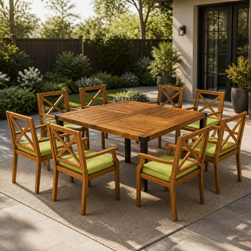 9‑Piece Acacia Wood Outdoor Patio Dining Set, 64' Square Teak Finish Wooden Table with X‑Back Arm Chairs and Green Cushions, Patio Furniture for Backyard Garden Deck