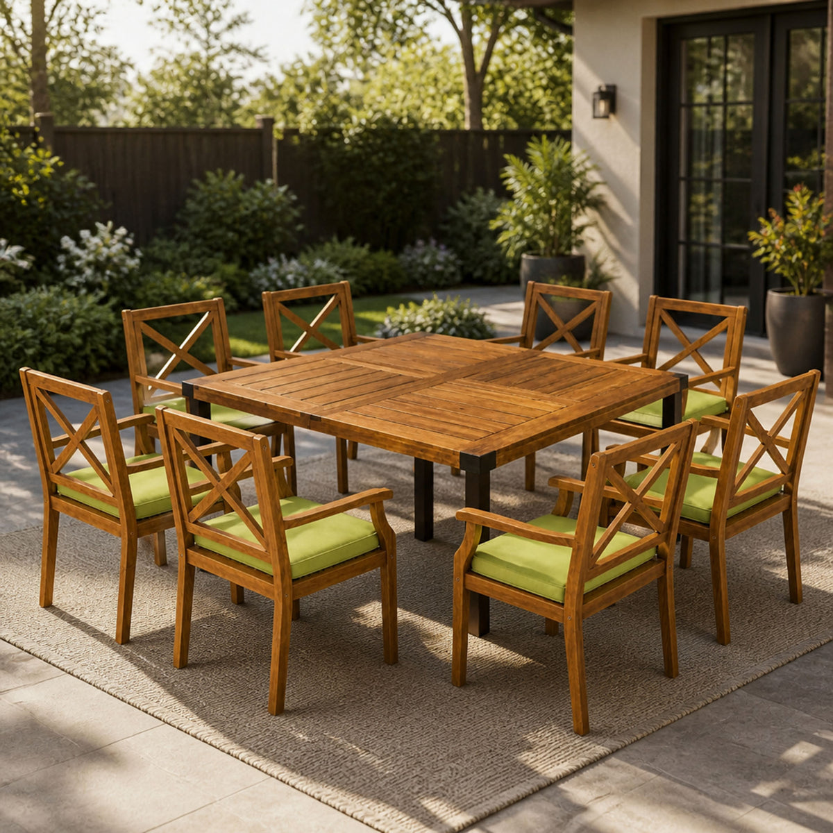 9‑Piece Acacia Wood Outdoor Patio Dining Set, 64' Square Teak Finish Wooden Table with X‑Back Arm Chairs and Green Cushions, Patio Furniture for Backyard Garden Deck
