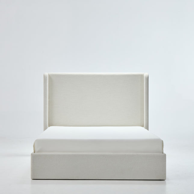Carmen Minimalist Upholstered Wingback Bed Frame with Textured Ivory Canvas Chenille and