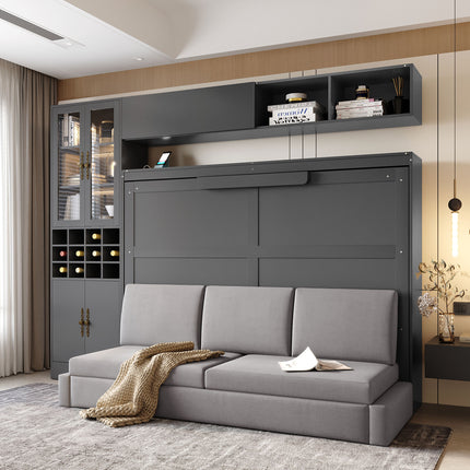 Full Size Murphy Bed Wall Bed with Sofa , Shelves USB & Light ,Gray(OLD SKU:LP000763AAE)