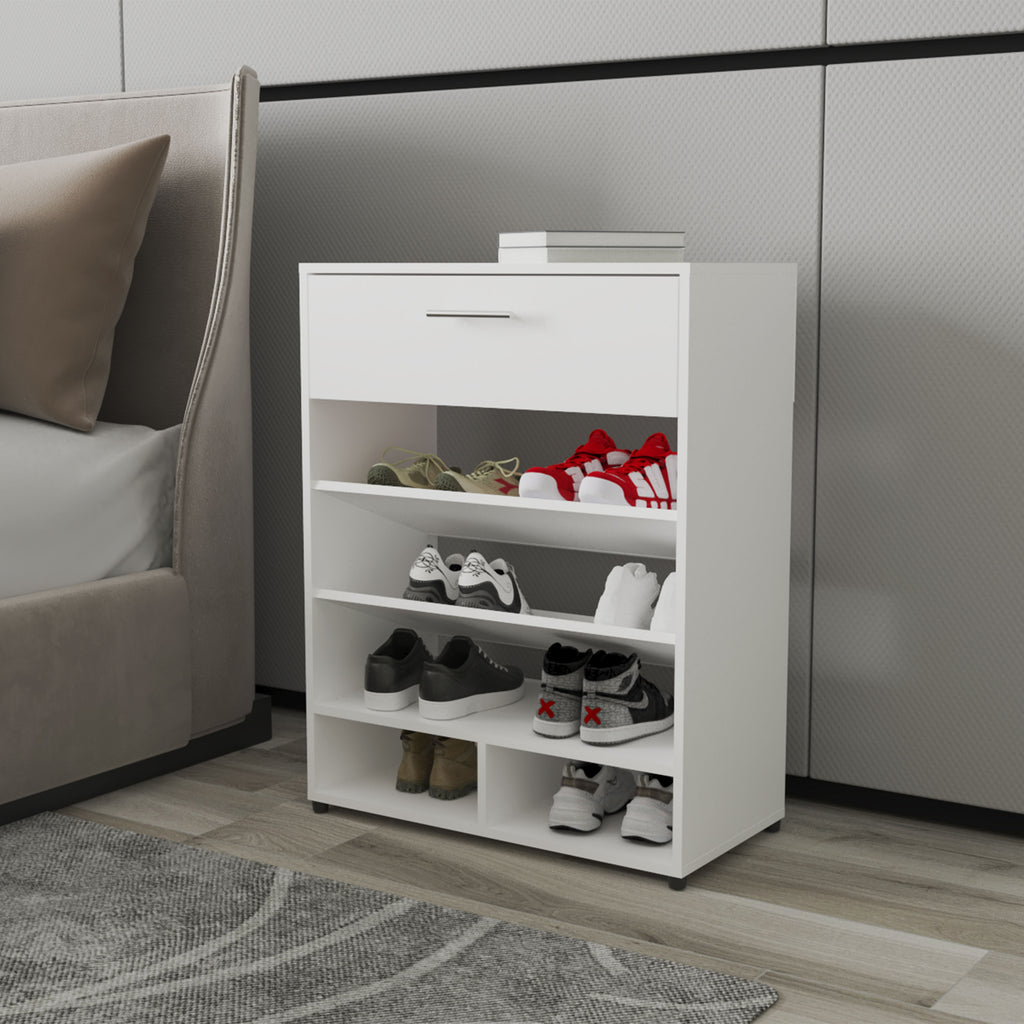 FM FURNITURE Onawa Modern Shoe Rack with Drawer, White