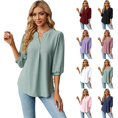 Solid Color Lace Collar Jacquard Long Sleeve Loose-fitting T-shirt Top