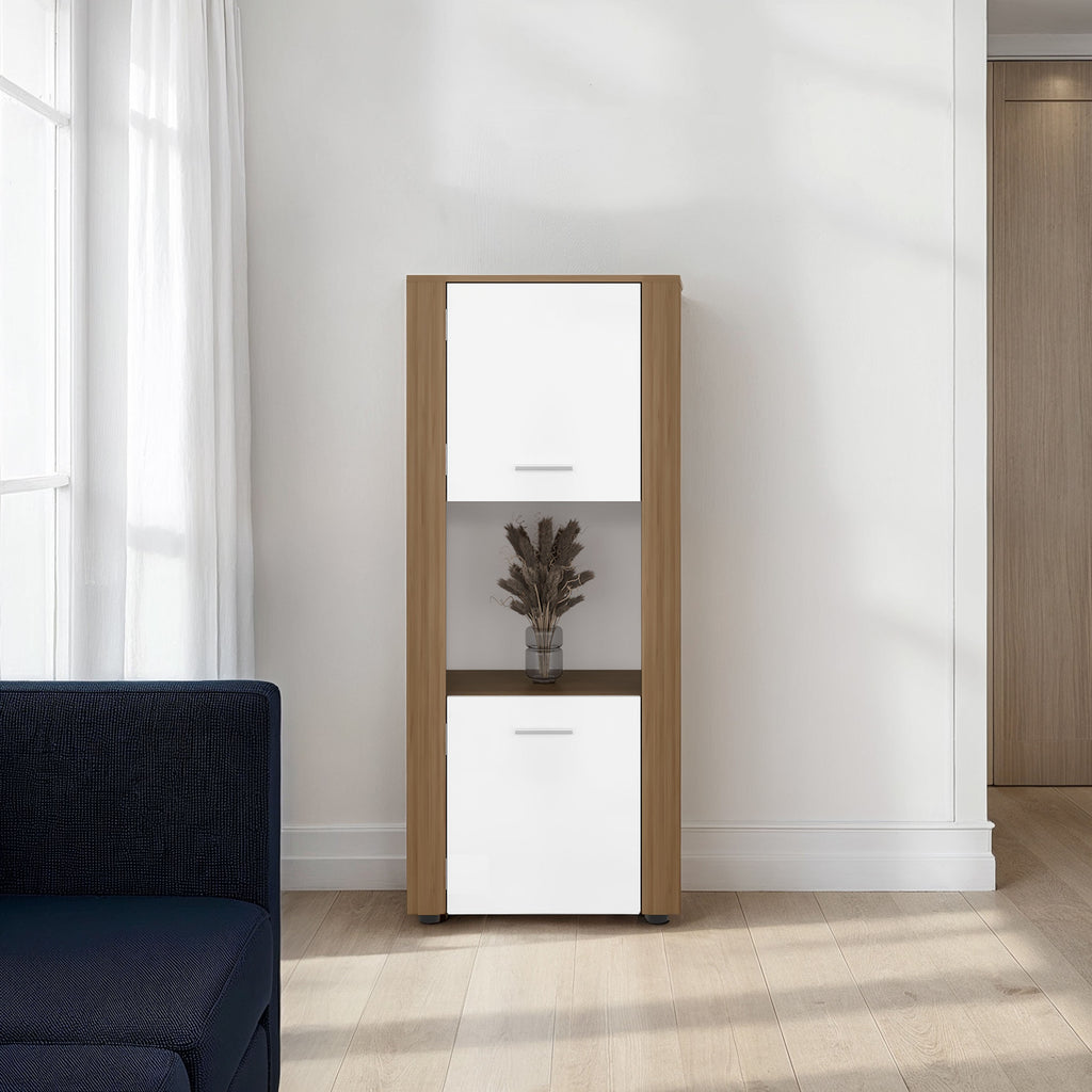 Kasaan Bookcase with Upper and Lower Doors, Open Display Shelves and Vertical Storage Design, Natural Oak / White