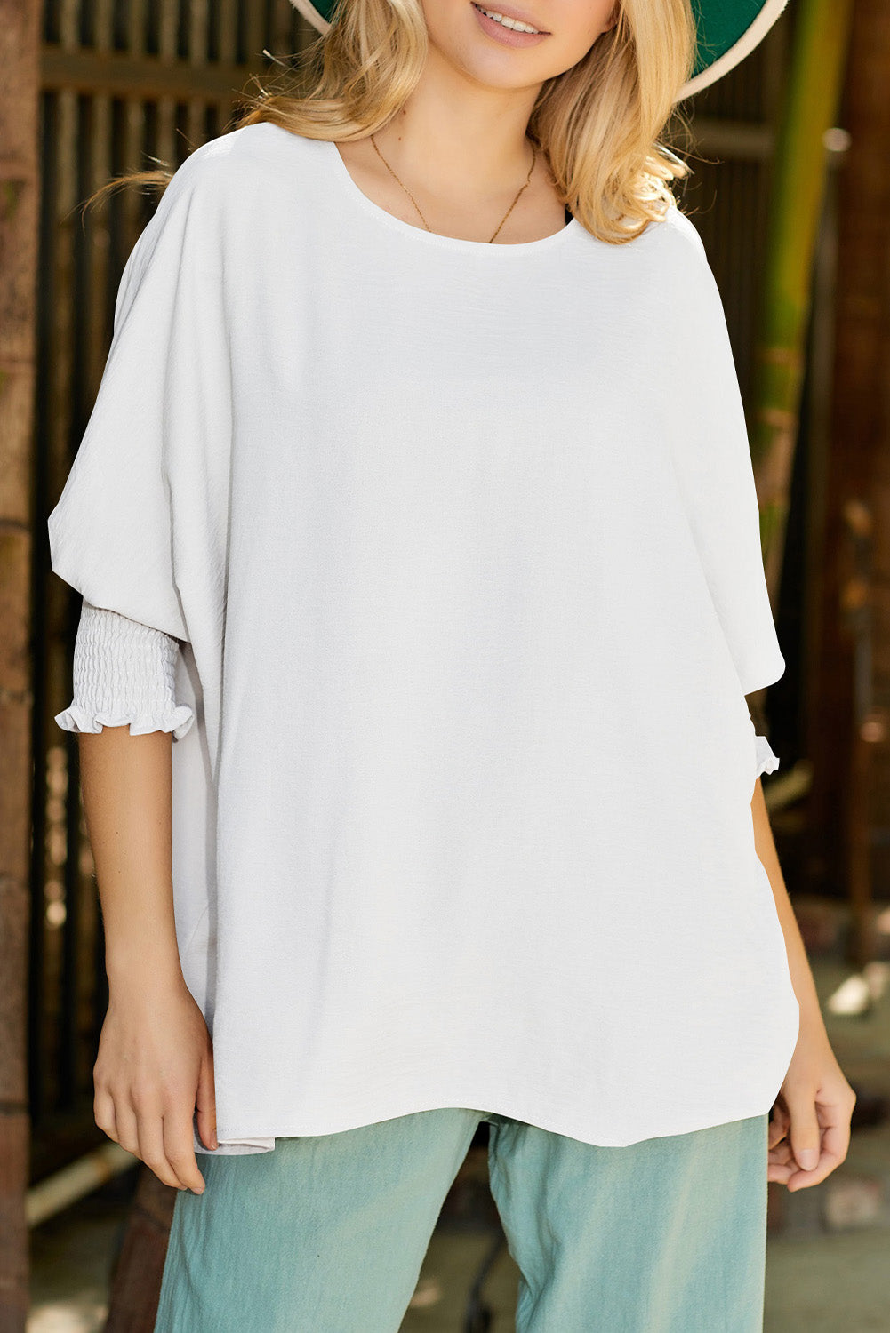 White Plain & Casual Shirred Cuffs Half Sleeve Top - Eloy Royal