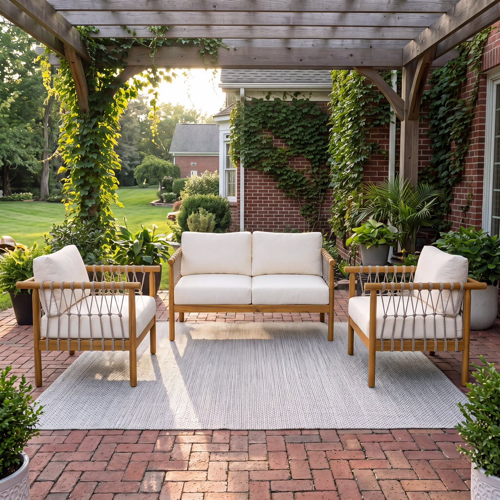 Outdoor Acacia Wood 3-Piece Furniture Set, Loveseat + 2 Single Armchairs Patio Conversation Set,Teak Finish+Beige Rope+Cream Cushion
