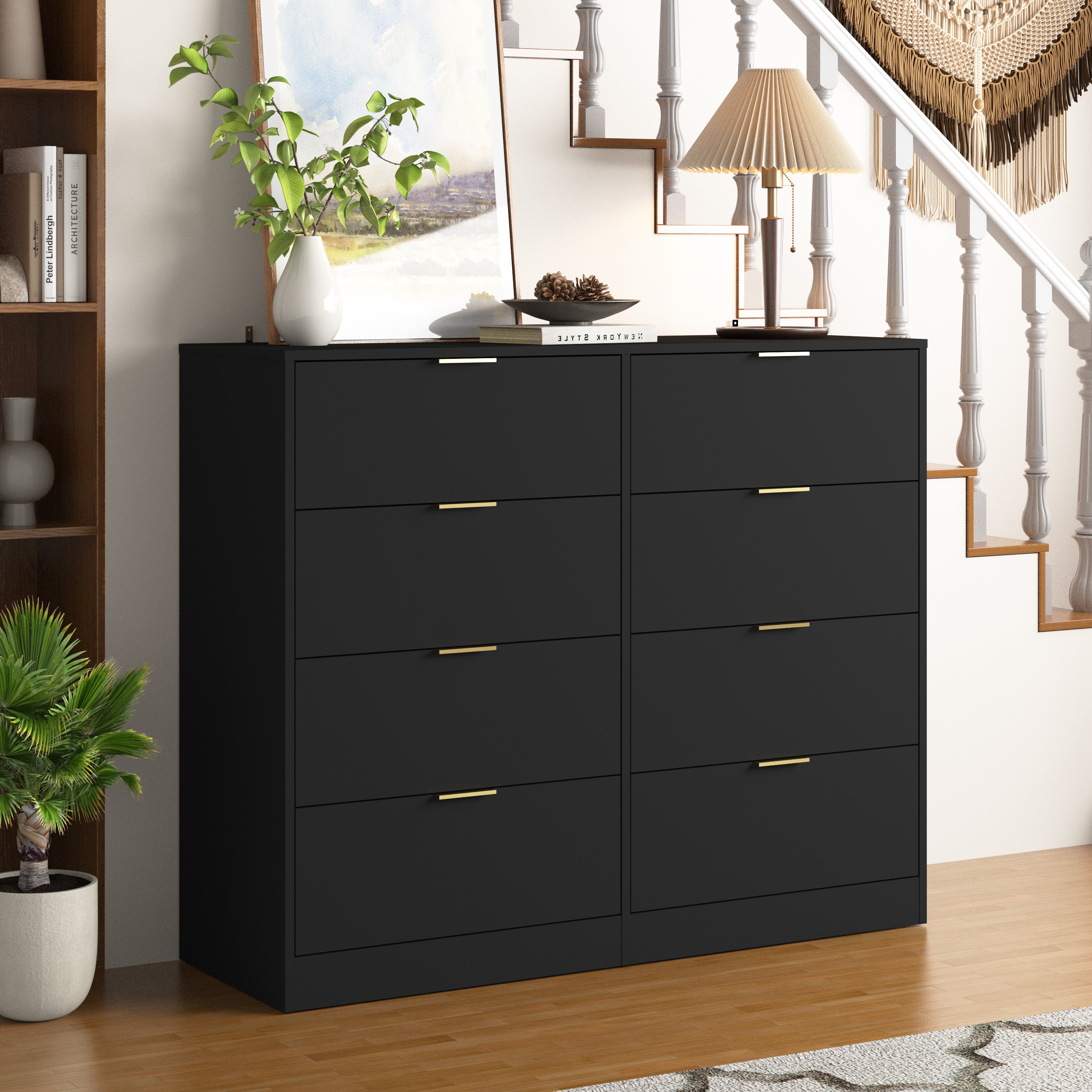 8 Drawers Dresser for Bedroom, Wood Bedroom Dresser Modern Drawer Chest, 8 Chest of Drawer, Tall Dresser for Closet, Dressers Organizer for Living Room, Closet, Hallway Black
