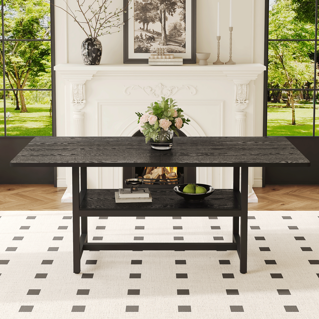 A 71 * 35.4 inch dining table with a tabletop cleverly pieced together by four black textured MDF boards. There is a 43.3 * 19.7 storage platform below the desktop. Very suitable for family gatherings