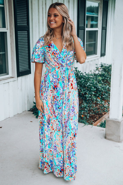 Wholesale Rose Boho Abstract Print V Neck Short Sleeve Maxi Wrap Dress - Eloy Royal