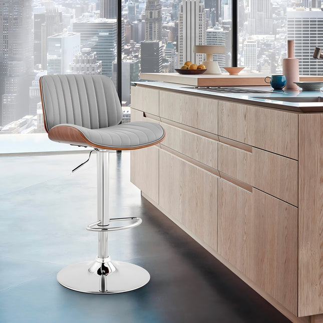 Krocken Adjustable Gray Faux Leather and Walnut Wood with Chrome Finish Bar Stool