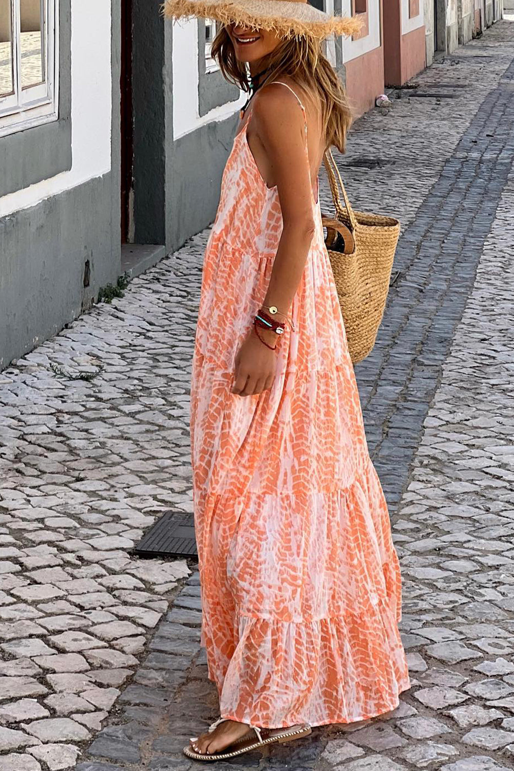 Orange Abstract Print Backless Tiered Maxi Dress - Eloy Royal