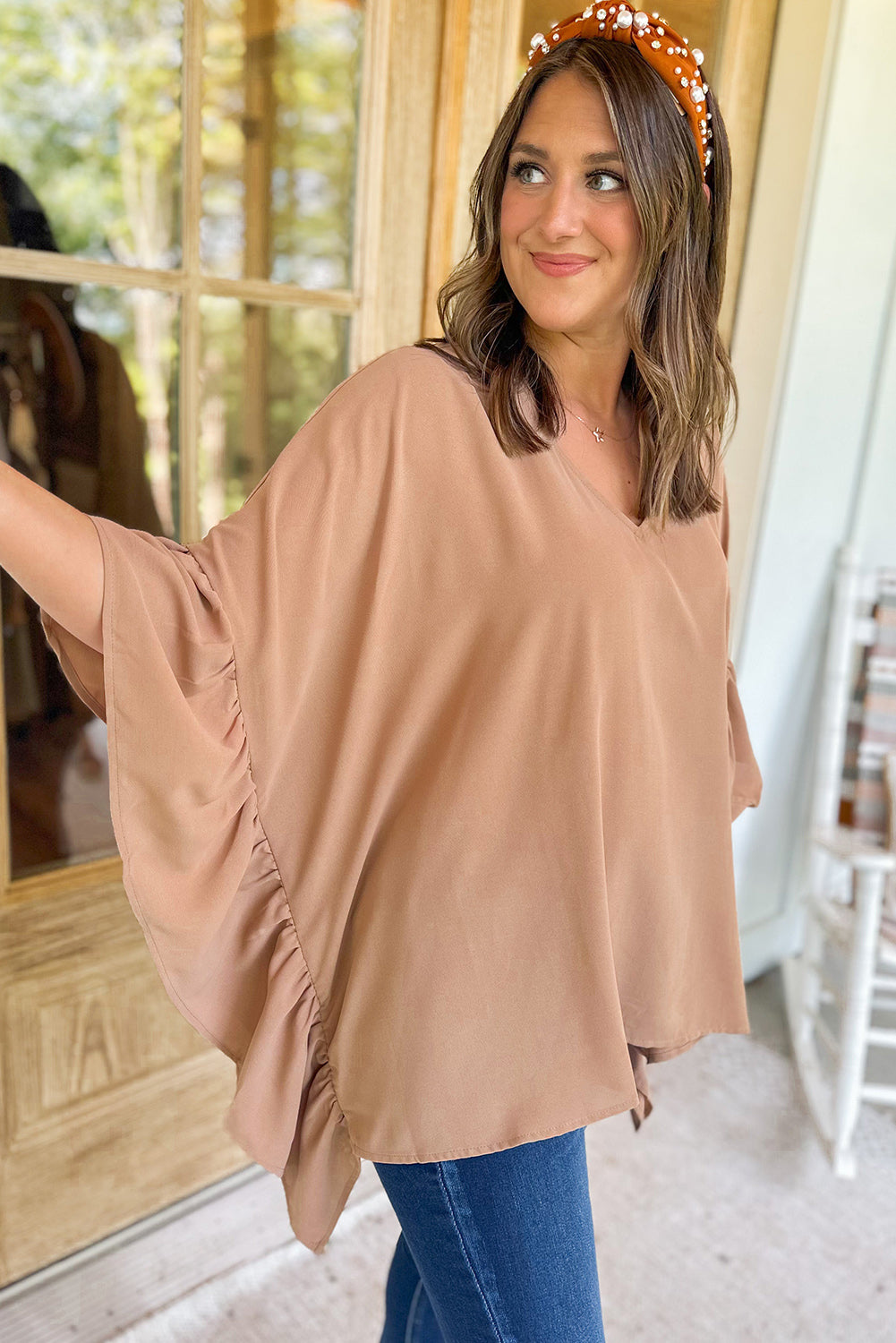 Smoke Gray Plus Size Ruffled Dolman Sleeve V Neck Blouse - Eloy Royal