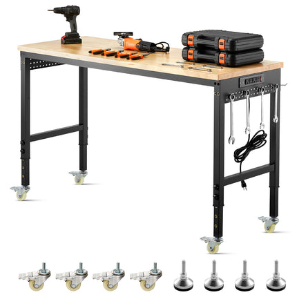 60' Workbench on Wheels Adjustable Height Table with Power Outlet & Pegboard