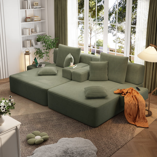 Oversized Double Chaise Lounge 2-Piece Set, Luxurious Plush Corduroy Convertible Sofa Bed with 6 Pillows and Storage Pocket, for Small Spaces,Home Theater, Living Room, Green