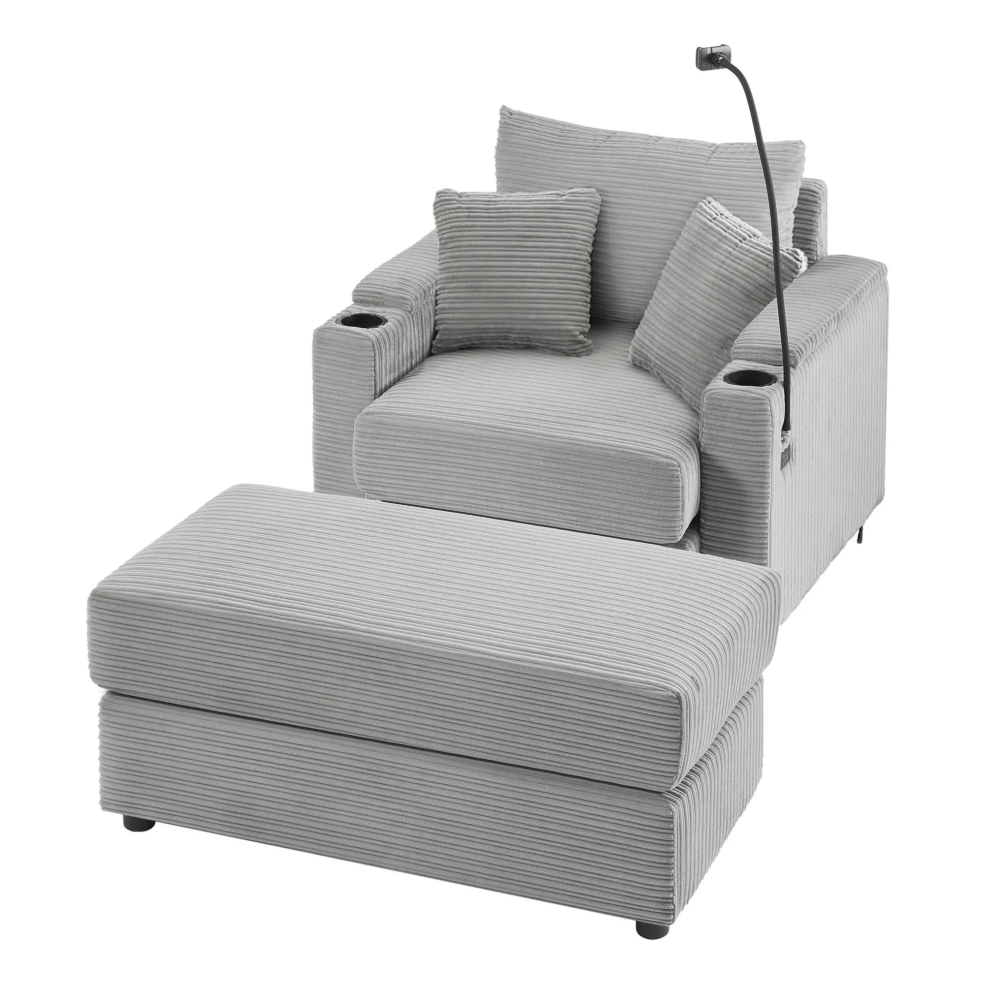 Modern Style Single Sofa Couch with Storage, USB Ports, Cup Holders, and Phone Holder, Grey Corduroy, 41.7' - Eloy Royal