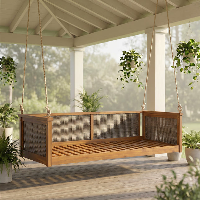 TOPMAX Outdoor Classic Solid Wood Twin Size Swing Bed,Garden Porch Rattan Swing Frame with Long Ropes for Poolside, Backyard,TEAK