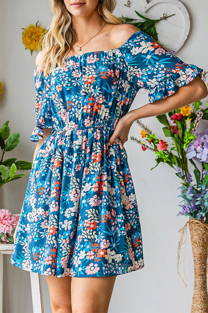 Dark Blue Bohemian Floral Print Off Shoulder Short Dress - Eloy Royal