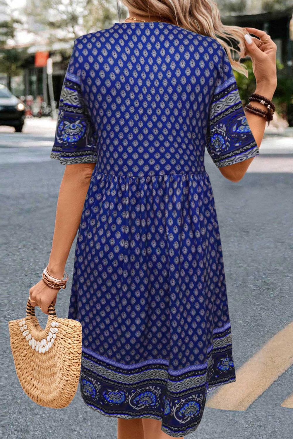 Bluing Casual Ethnic Print Short Sleeve Midi Dress - Eloy Royal