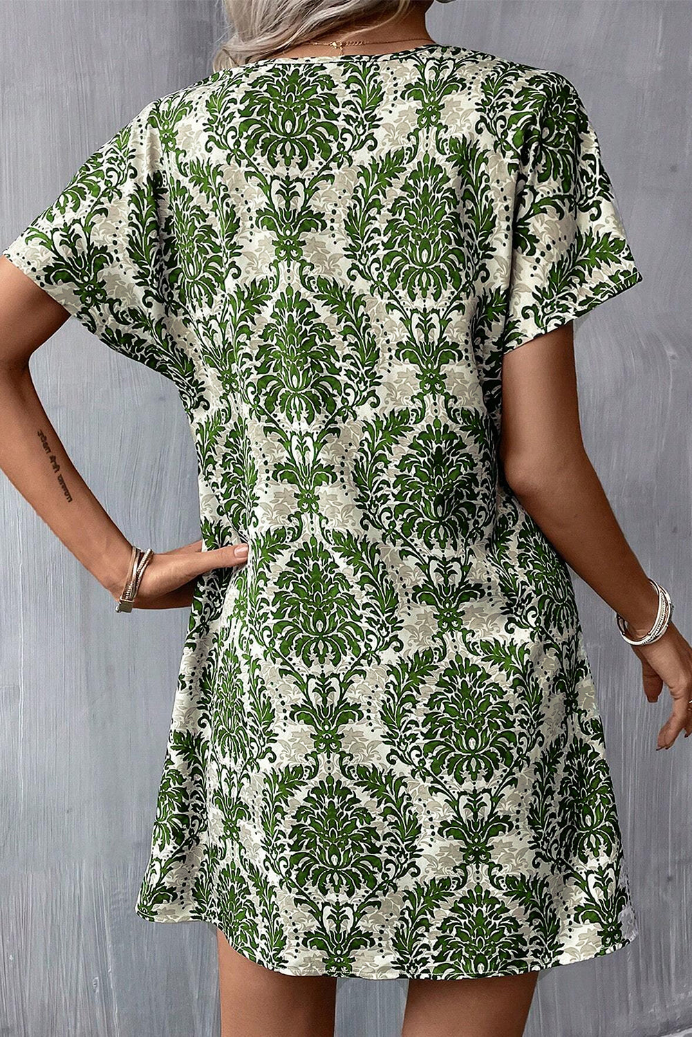 Green Floral Print V Neck Short Dolman Sleeve Mini Dress - Eloy Royal