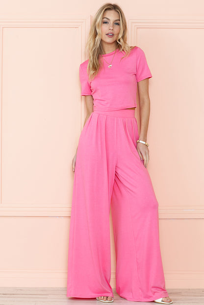 Strawberry Pink Plain Slim Fit Crop Top And Wide Leg Pants Set - Eloy Royal