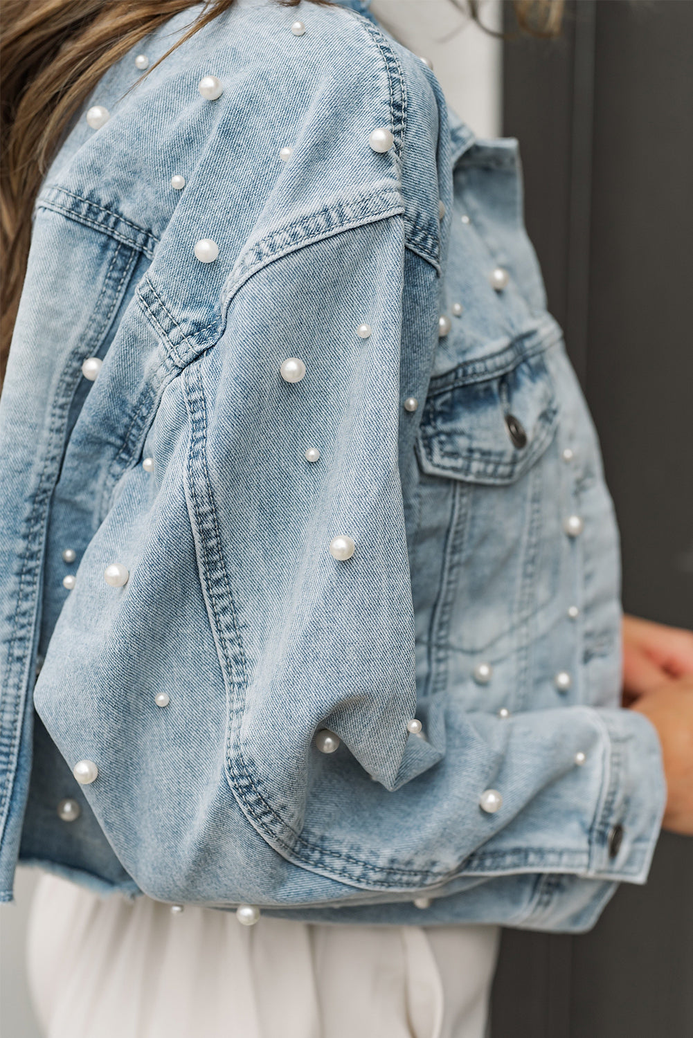 Wholesale Sky Blue Pearls Beading Cropped Denim Jacket - Eloy Royal